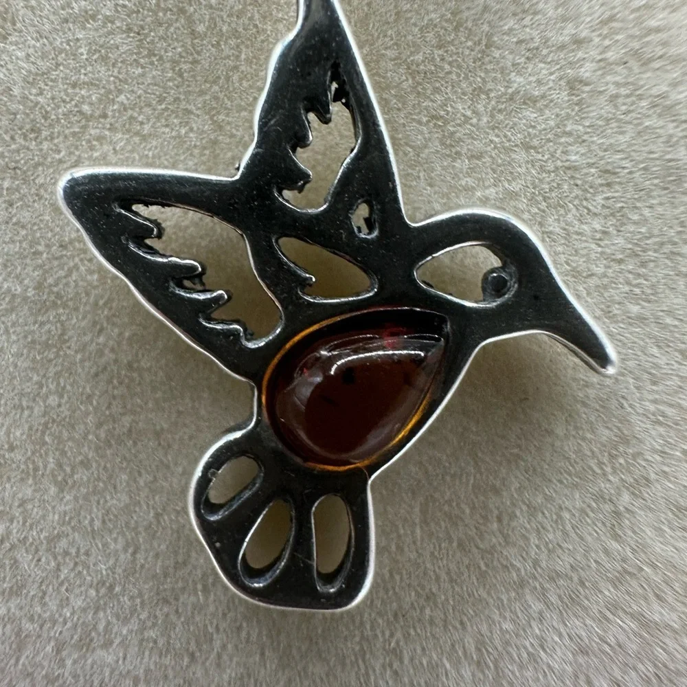 Silver and Amber Hummingbird Pendant Necklace on Silver Plated Snake Chain